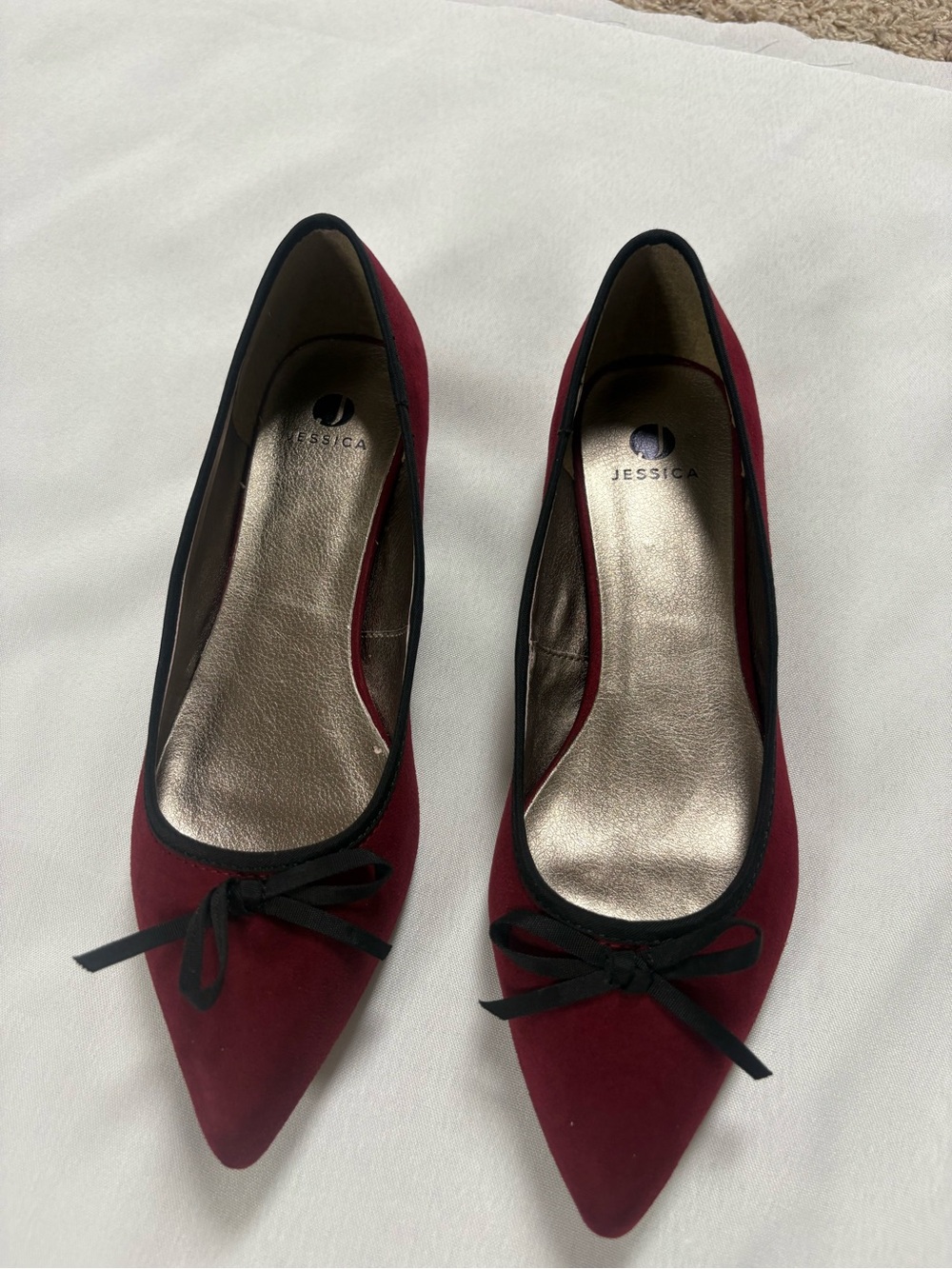Jessica Wine Red Pointed Ballet Flats with Black Trim and Bow